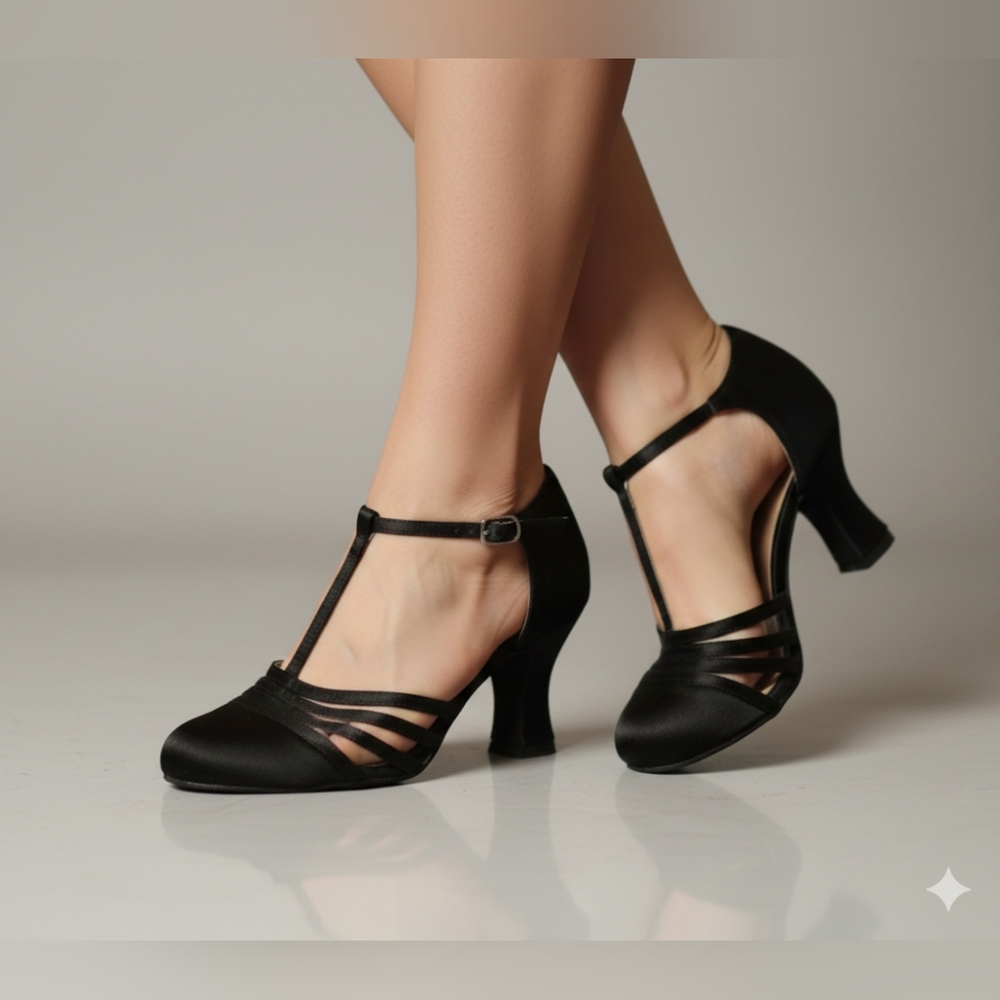 Women's Black T-Strap Block Heels with Cutout Details